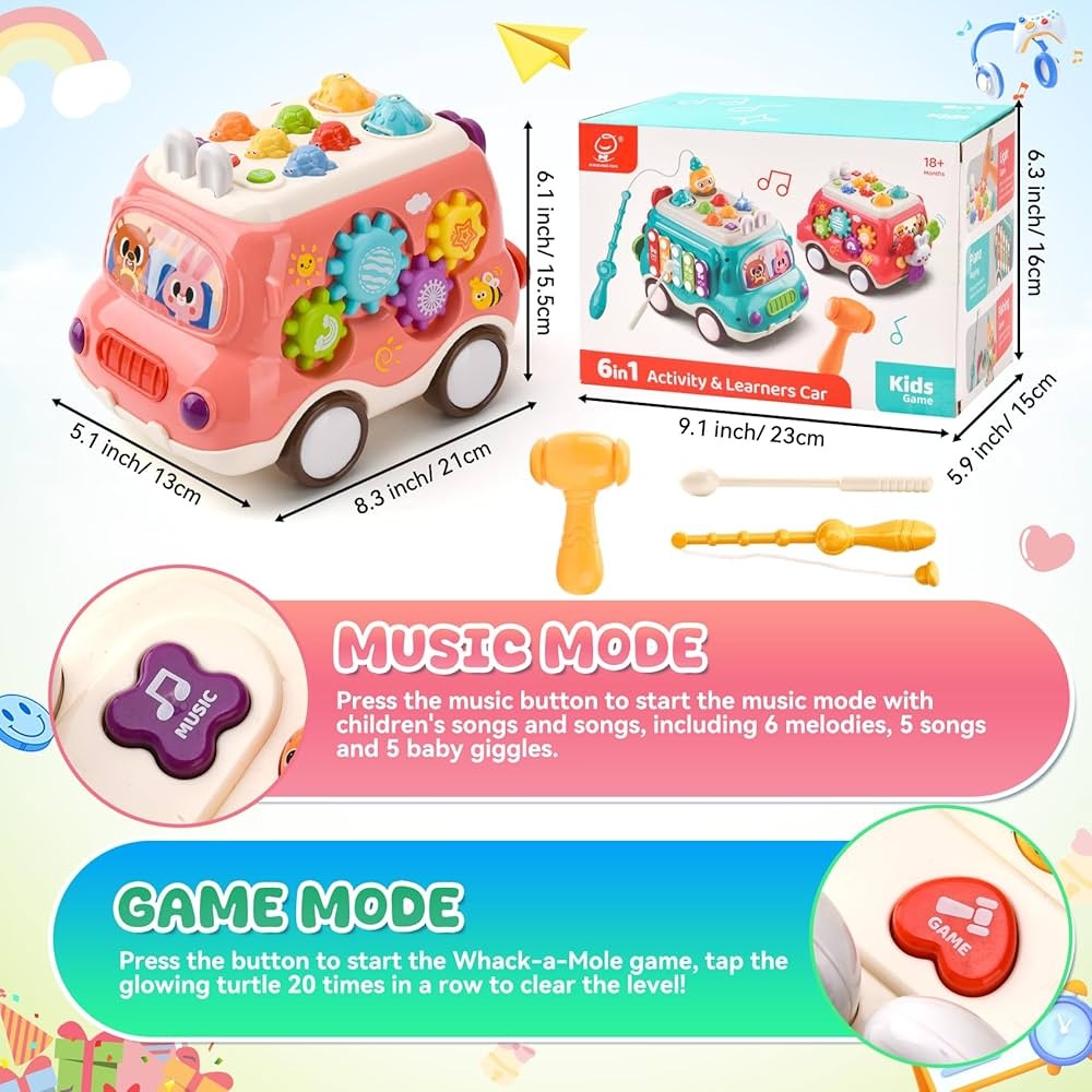 Fidtoy 6-in-1 Multiple Activity and Learners Car for Toddlers, Musical Activity Bus Toy with Xylophone, Gears, Fishing Game and Music Mode Age 18M+