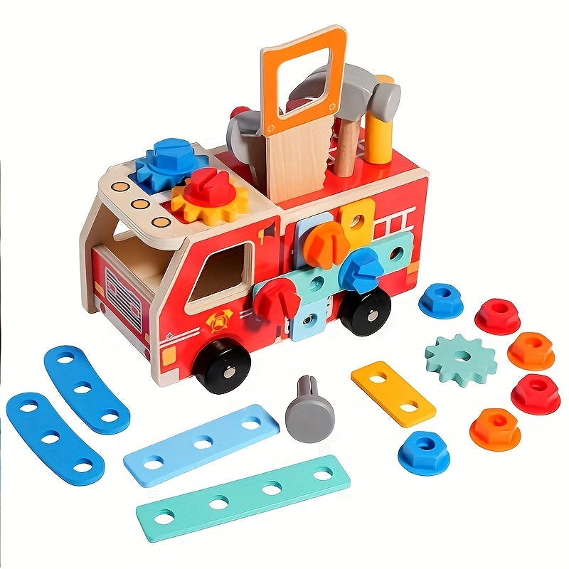 Fidtoy Camion de pompier en bois à assembler | Apprentissage STEM et jeu d'imitation pour les tout-petits