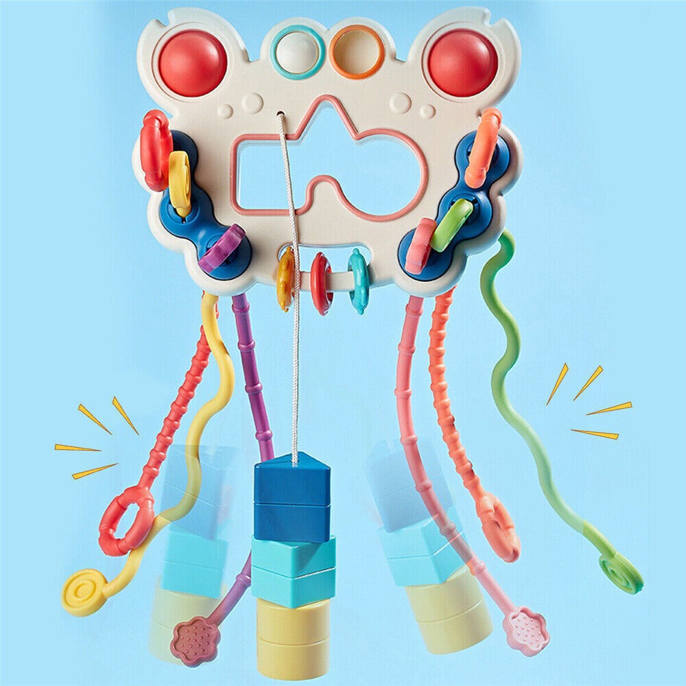 Fidtoy 5-in-1 Pull String Motor Skills and Sensory Activity Toy for Babies, Crab-Shaped Silicone Pull Toy with Press Buttons, Textures, Fine Motor and Travel Play Age 0–2