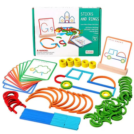 Fidtoy Wooden Sticks and Rings Pattern Matching Puzzle Cards Montessori Fine Motor Memory Toy for Kids Ages 3 to 8