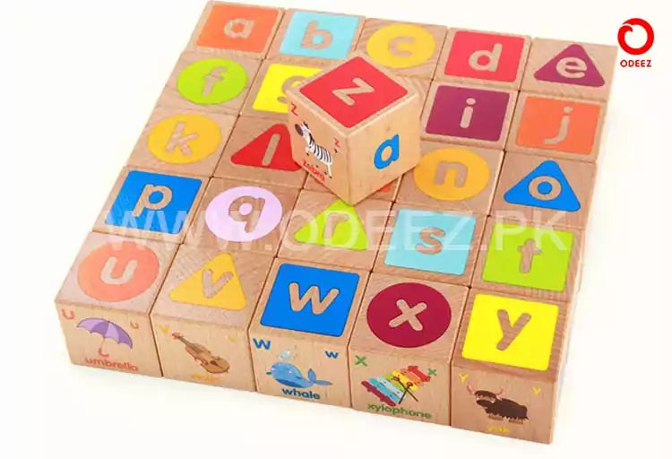 Fidtoy Wooden ABC Blocks for Toddlers, 26-Piece Alphabet Learning Blocks with Uppercase Lowercase Letters, Pictures, Colors and Storage Bag Age 24M+
