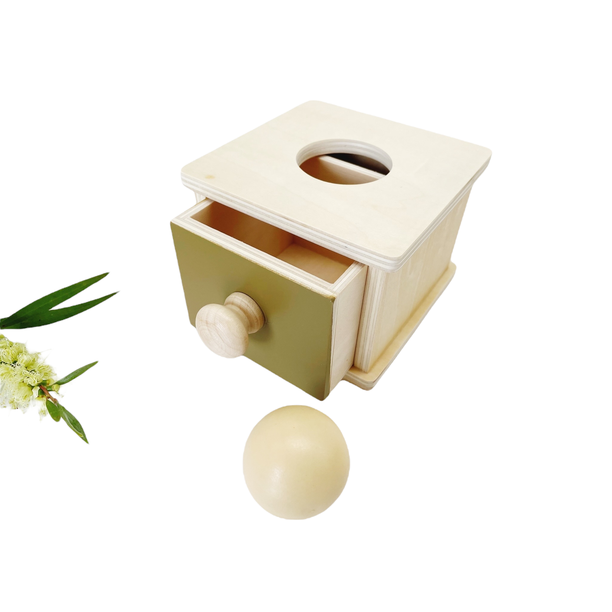Boîte de permanence d'objet Montessori : tiroir et balle / pièces et tiroir