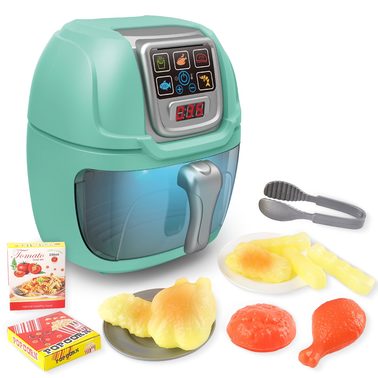 Friteuse à air verte jouet pour enfants, ensemble de jeux d'imitation machine de cuisine avec assiettes, accessoires de jeu de nourriture, pinces de service.