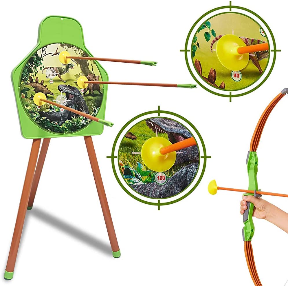 Dinosaur Themed Bow and Arrow Shooting Archery Set with Bow Suction Top Arrows Quiver Target Stand Outdoor Garden Game for Kids