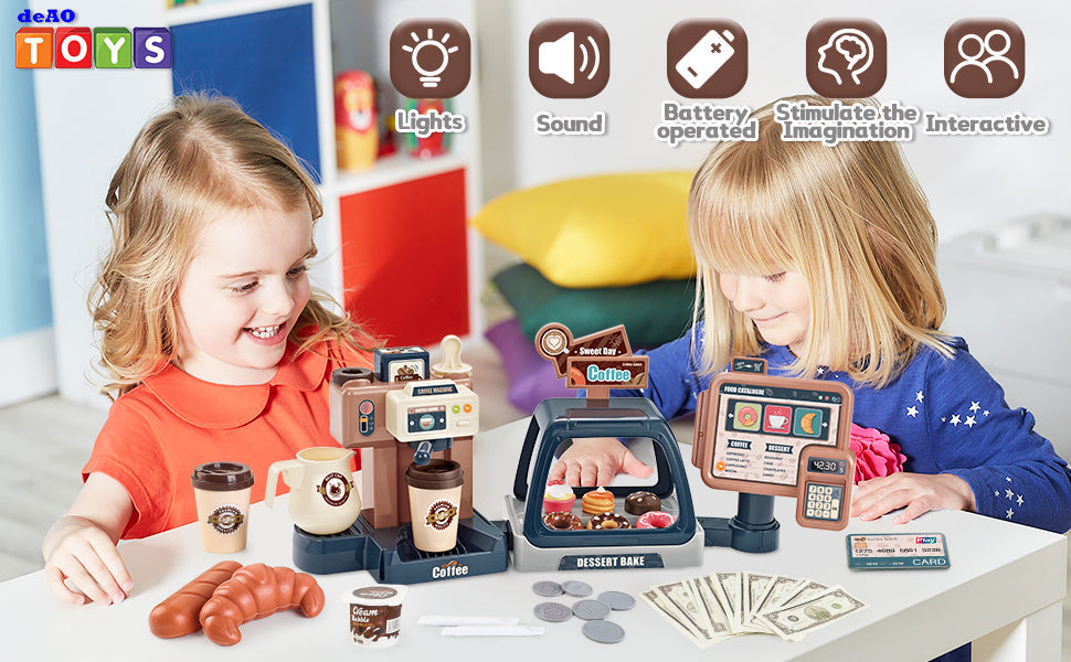Cuisine d'imitation Jeu de café de magasin pour tout-petits, set de jeu machine à café et dessert, jouet de caisse enregistreuse pour enfants de 3 ans et plus
