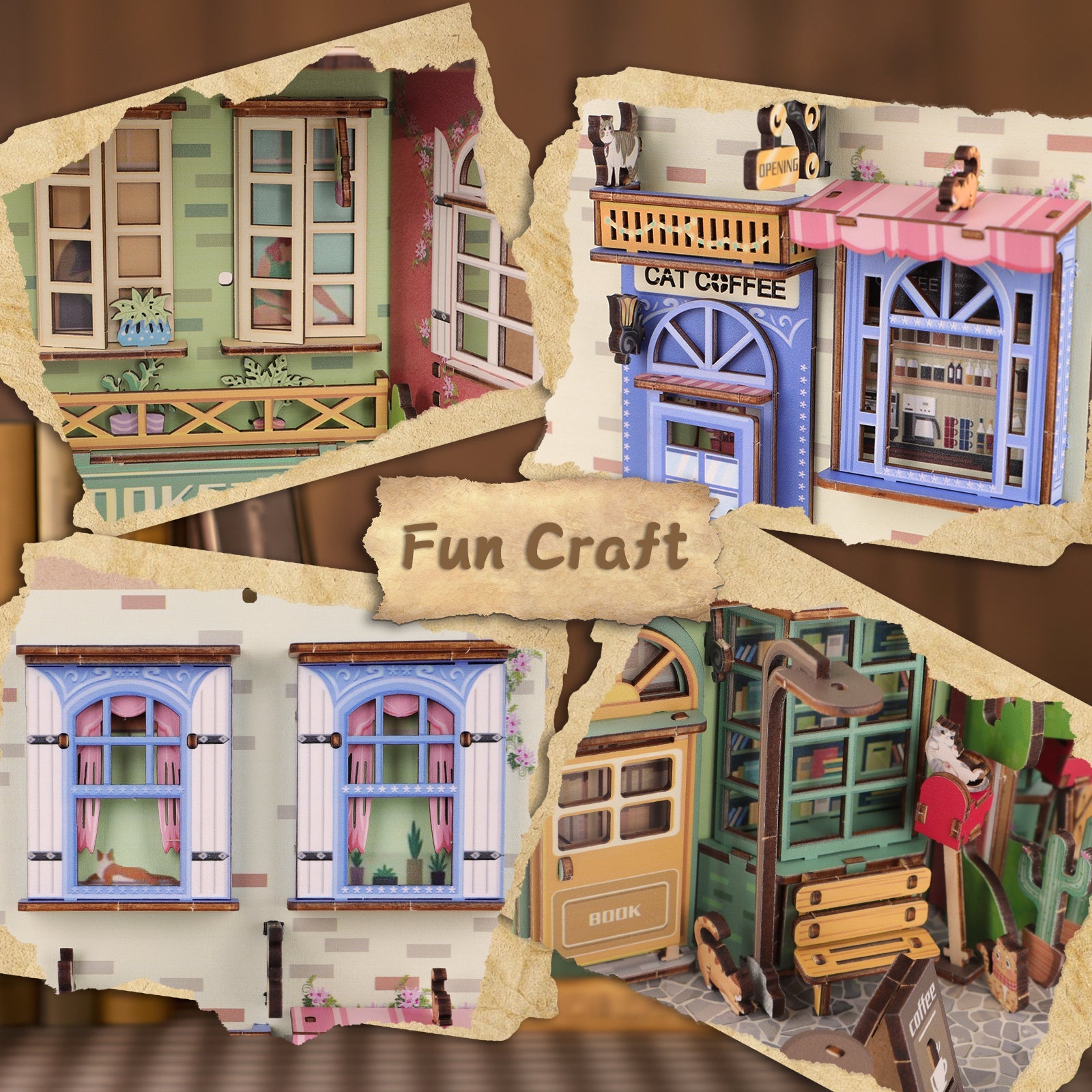 Kit de coin de livre à monter soi-même, maison de poupée miniature, serre-livre décoratif pour étagère, modèle de serre-livre en bois (modèle Rue et Chat)