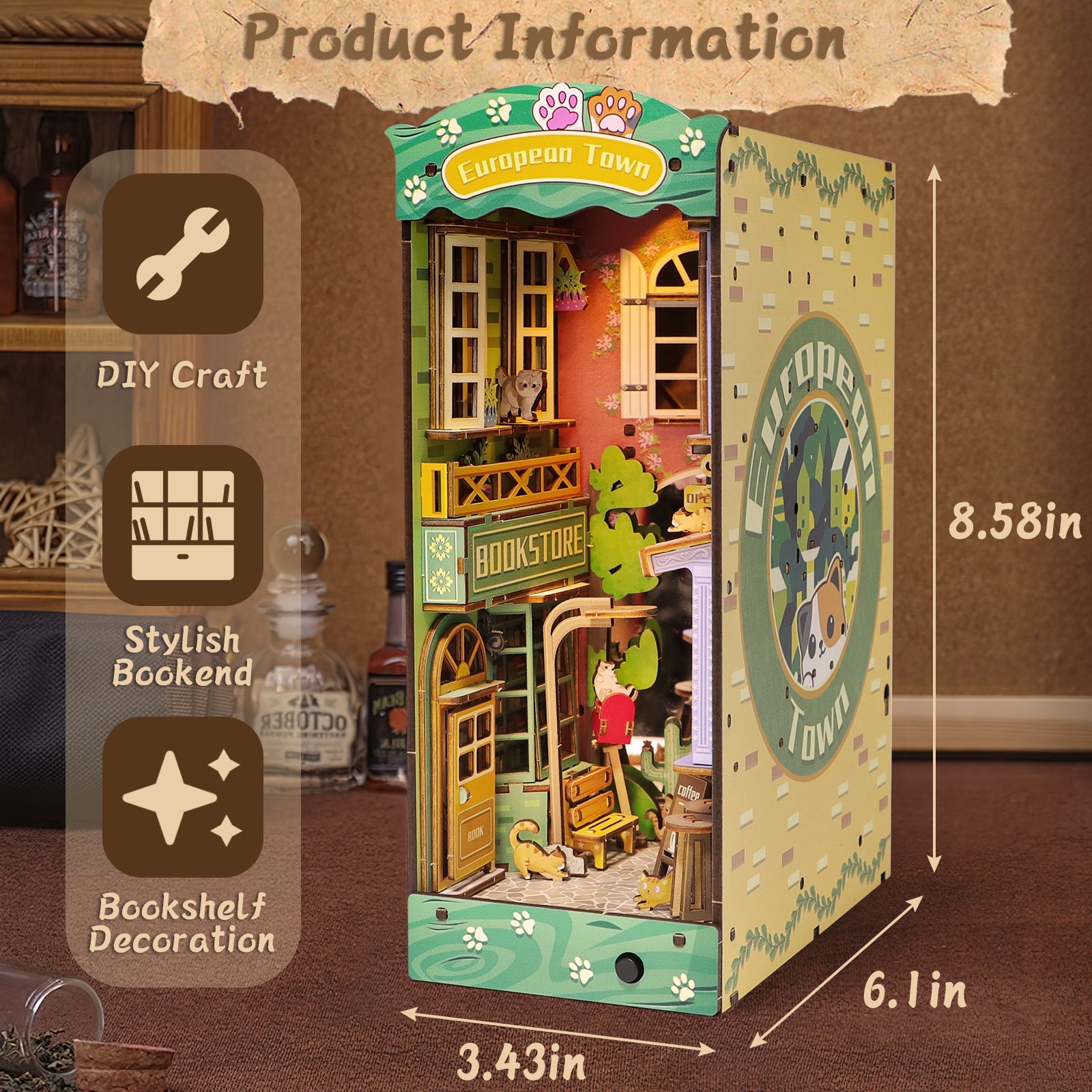 Kit de coin de livre à monter soi-même, maison de poupée miniature, serre-livre décoratif pour étagère, modèle de serre-livre en bois (modèle Rue et Chat)