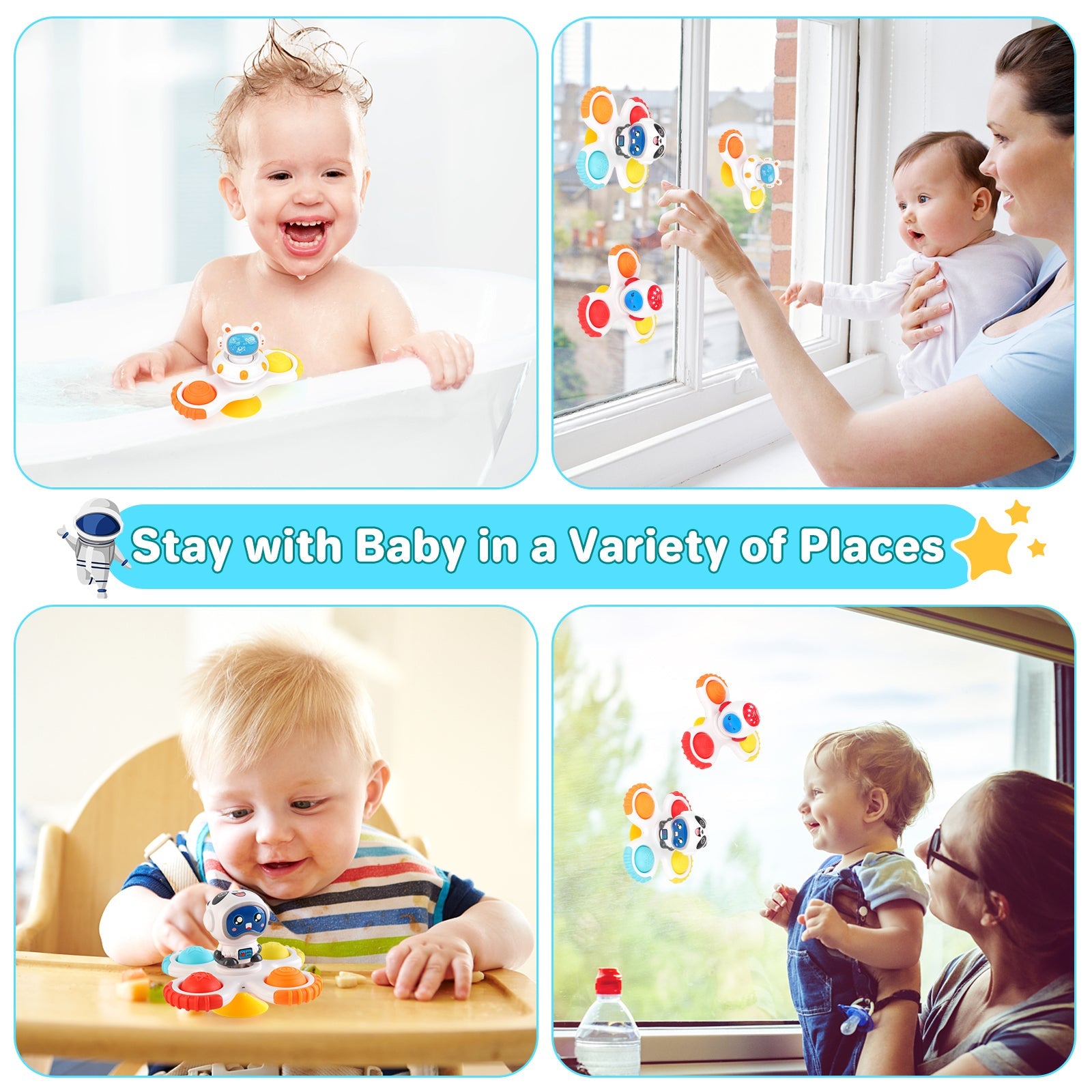 Juguetes de mano giratorios de 3 piezas con ventosa, juguetes Fidget Spinner para niños con ventosa, juguete sensorial interactivo Pop Up para bebé, juguete de baño