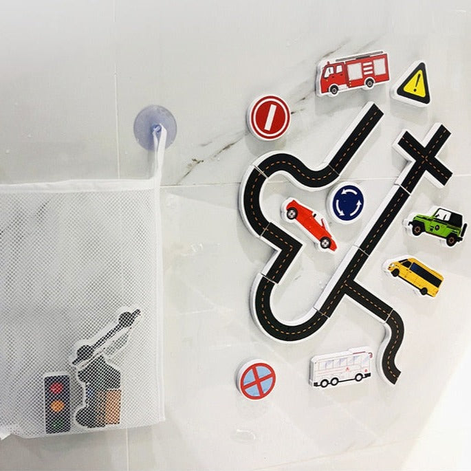 Fidtoy Juguetes de baño para el tráfico – Juguetes de baño de carretera de espuma para niños pequeños Set de juego para pegar en la pared