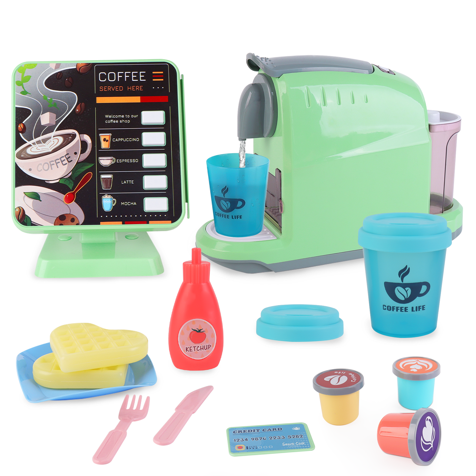 Coffret de Jouets Café avec Machine à Café, Menus, Caisse Enregistreuse, Aliments à Jouer - Cadeau pour Enfants Filles et Garçons de 3 Ans et Plus