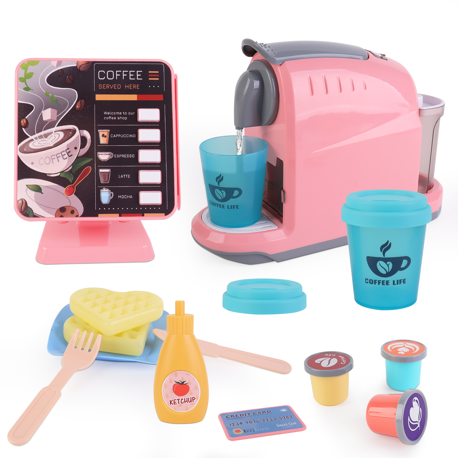 Coffret de Jouets Café avec Machine à Café, Menus, Caisse Enregistreuse, Aliments à Jouer - Cadeau pour Enfants Filles et Garçons de 3 Ans et Plus