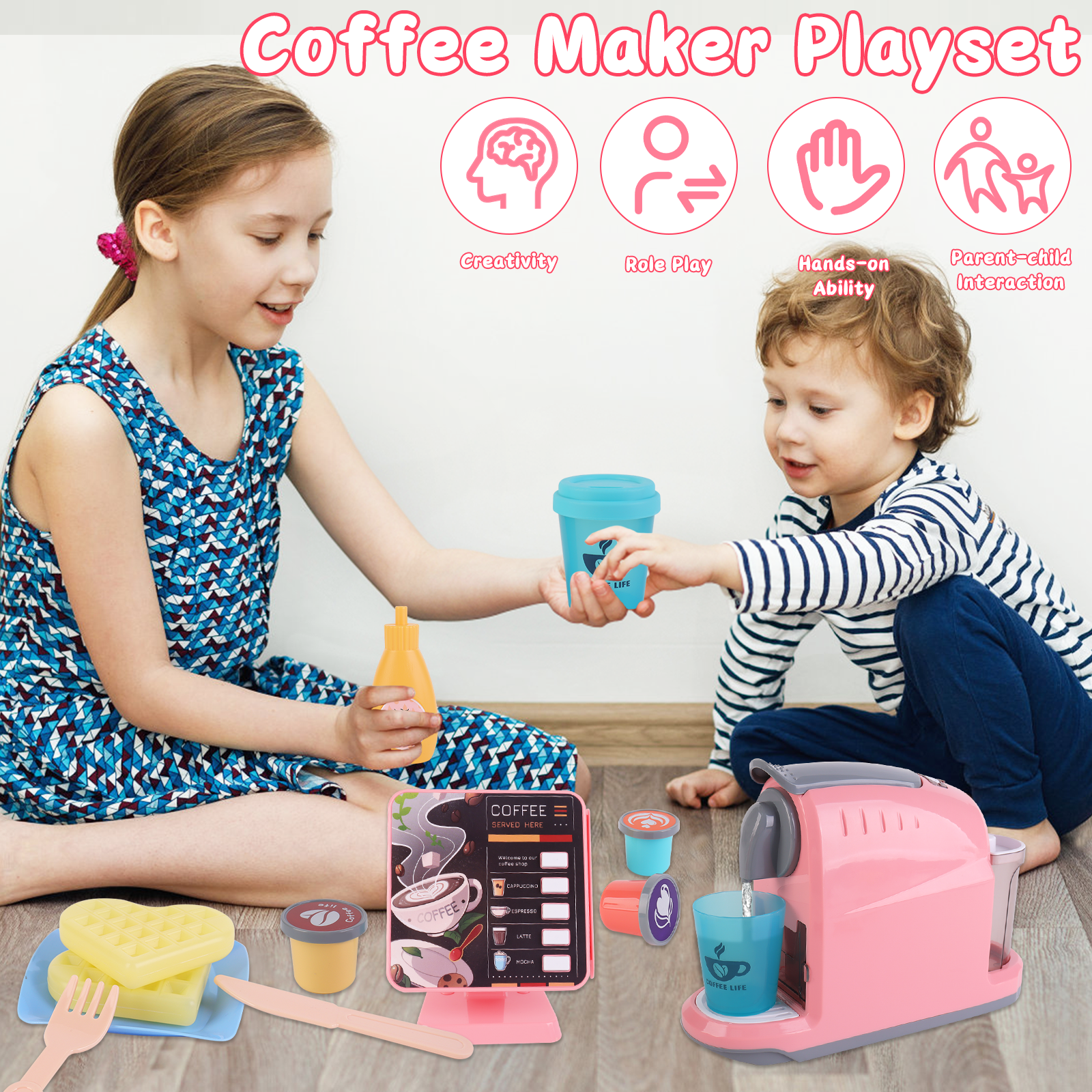 Coffret de Jouets Café avec Machine à Café, Menus, Caisse Enregistreuse, Aliments à Jouer - Cadeau pour Enfants Filles et Garçons de 3 Ans et Plus