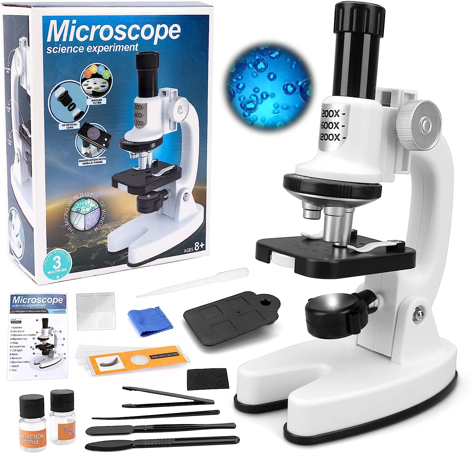 Microscope pour enfants, kit de microscope portable avec lumière LED et support de téléphone portable, jouet scientifique éducatif pour enfants débutants, cadeau pour enfants