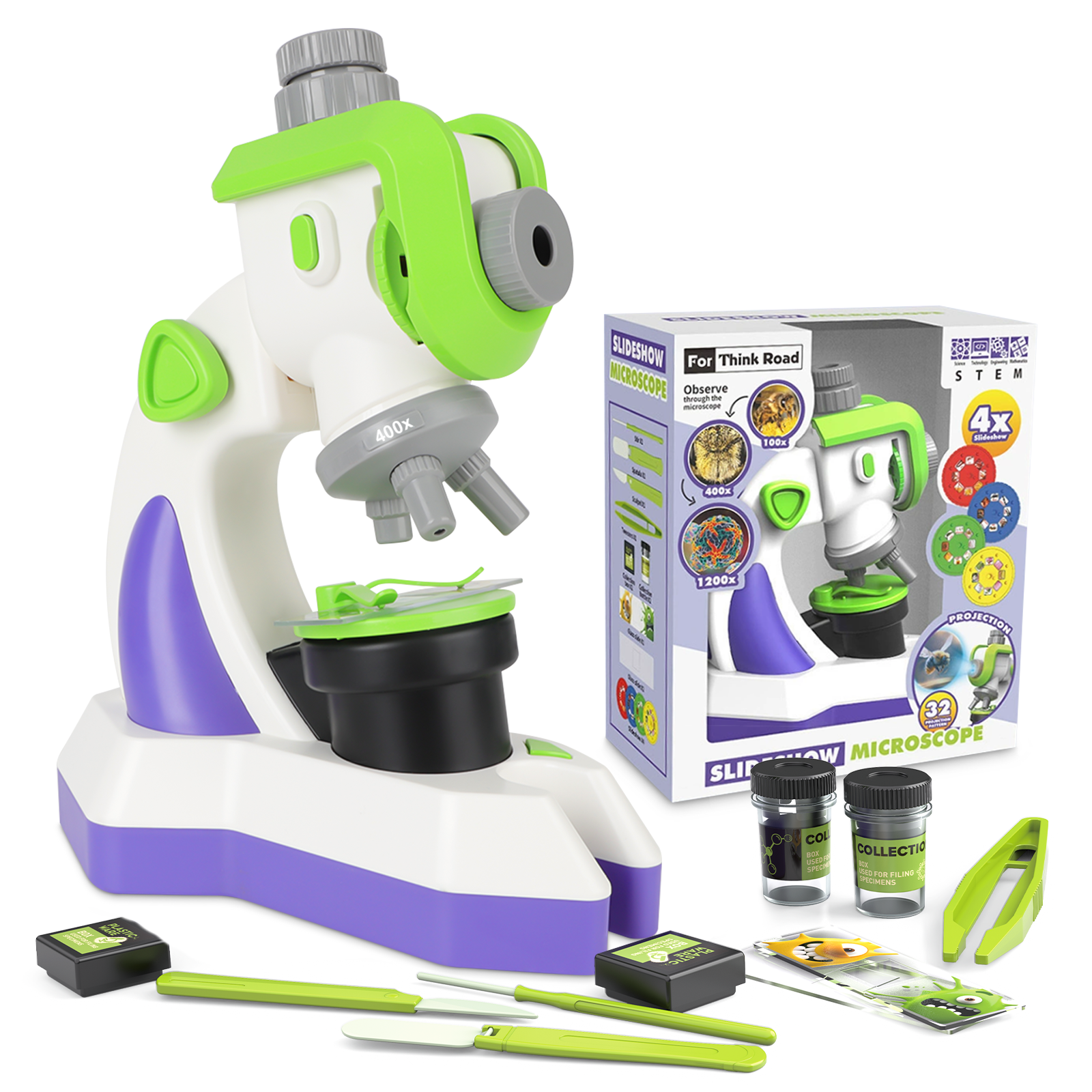 Microscope pour enfants 100x 400x 1200x Kit microscope portable avec lumière LED et lames Kit scientifique éducatif pour débutants Jouets éducatifs pour l'étude