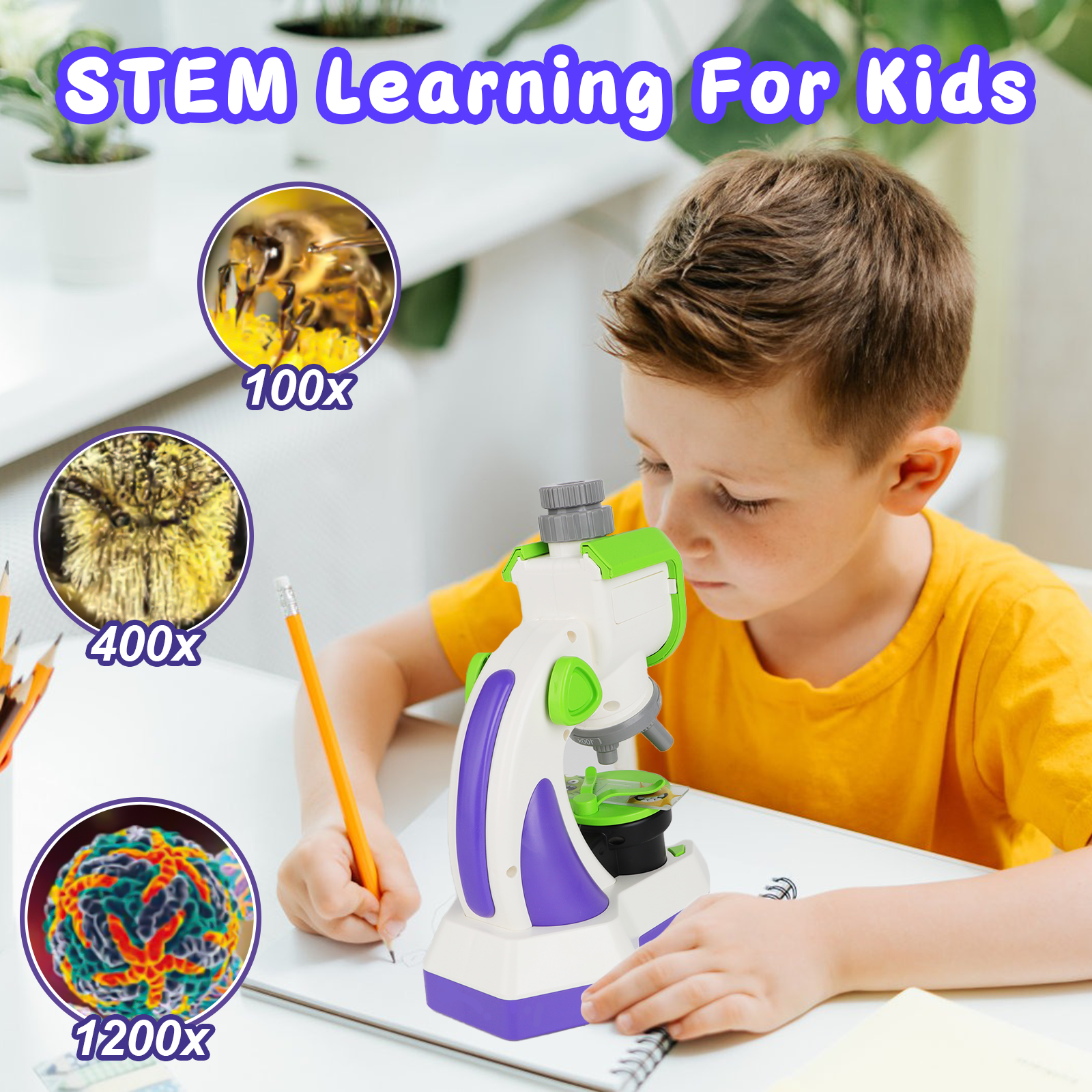 Microscope pour enfants 100x 400x 1200x Kit microscope portable avec lumière LED et lames Kit scientifique éducatif pour débutants Jouets éducatifs pour l'étude
