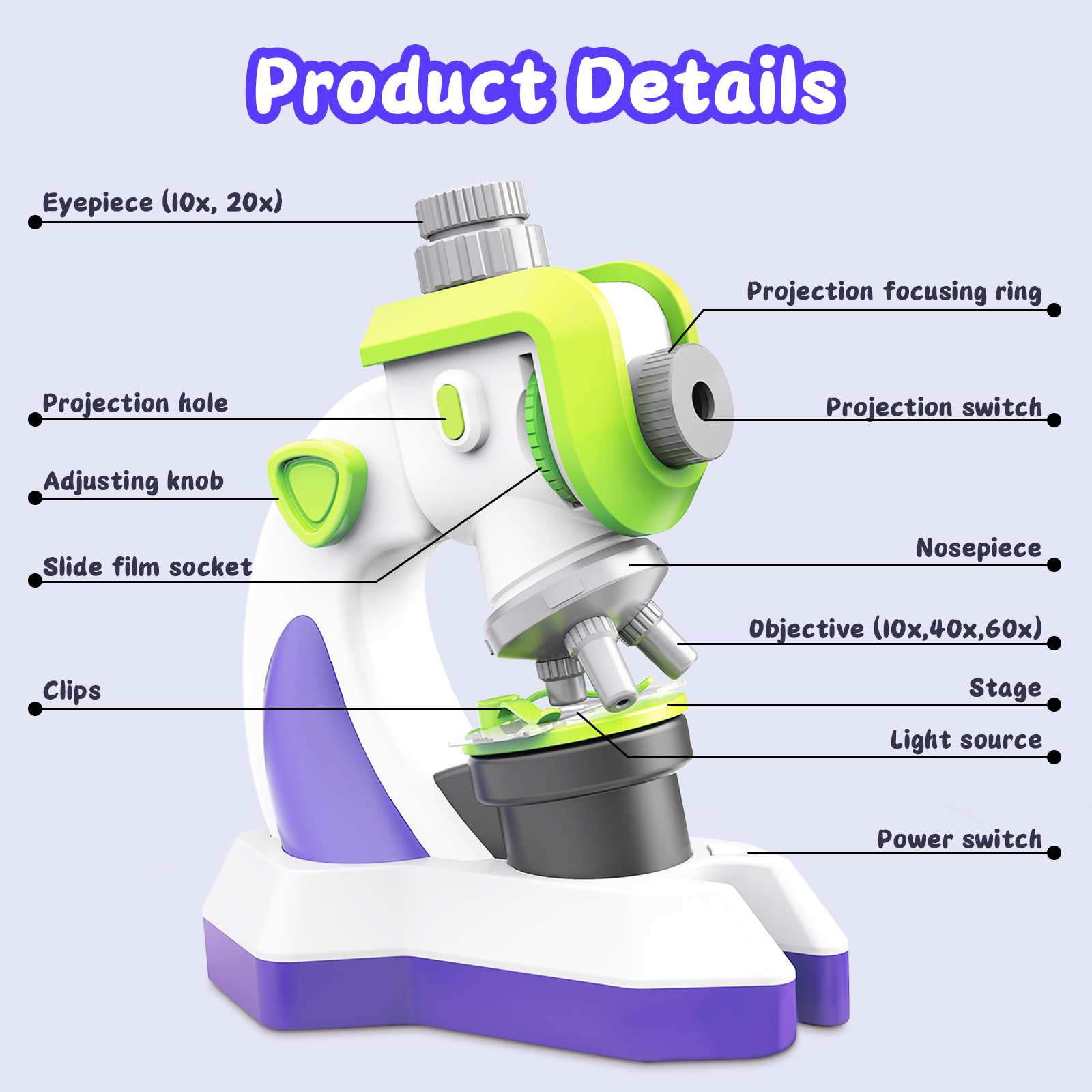 Microscope pour enfants 100x 400x 1200x Kit microscope portable avec lumière LED et lames Kit scientifique éducatif pour débutants Jouets éducatifs pour l'étude