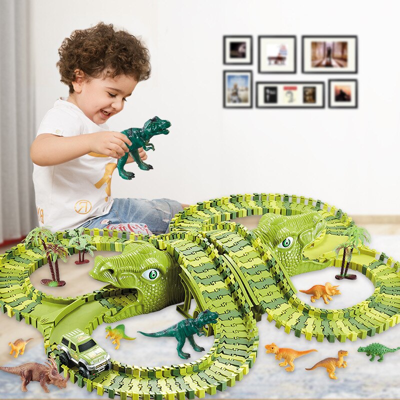 Fidtoy Dinosaur Race Track Set for Kids – Flexible Jurassic Track with Motorized Dinosaur Car, 360° Loop, Bridge, Dinosaur Figures, and Creative Building Play