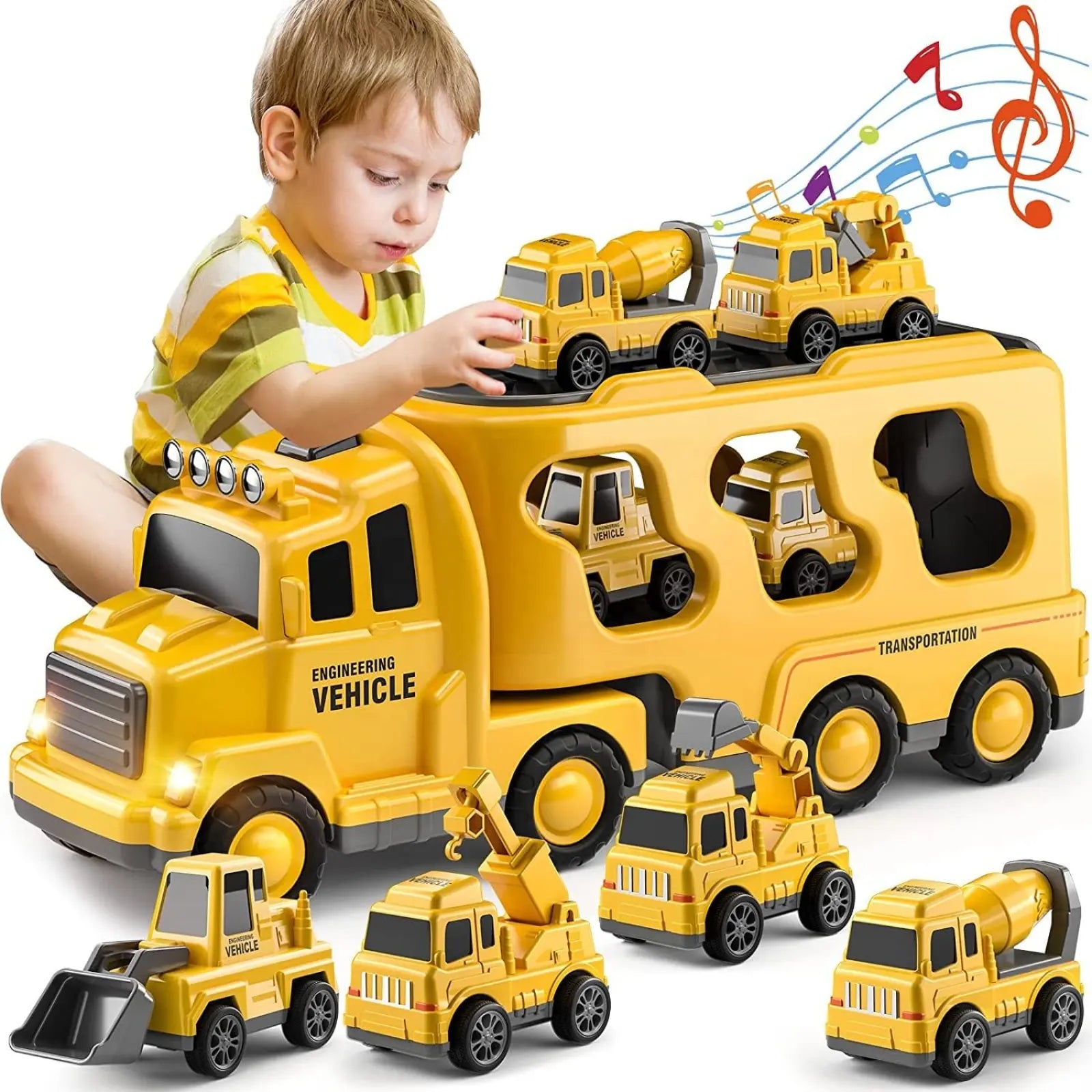 Fidtoy Coffret de 5 camions de construction 5 en 1 pour tout-petits avec lumières et sons, excavatrice, bulldozer, grue