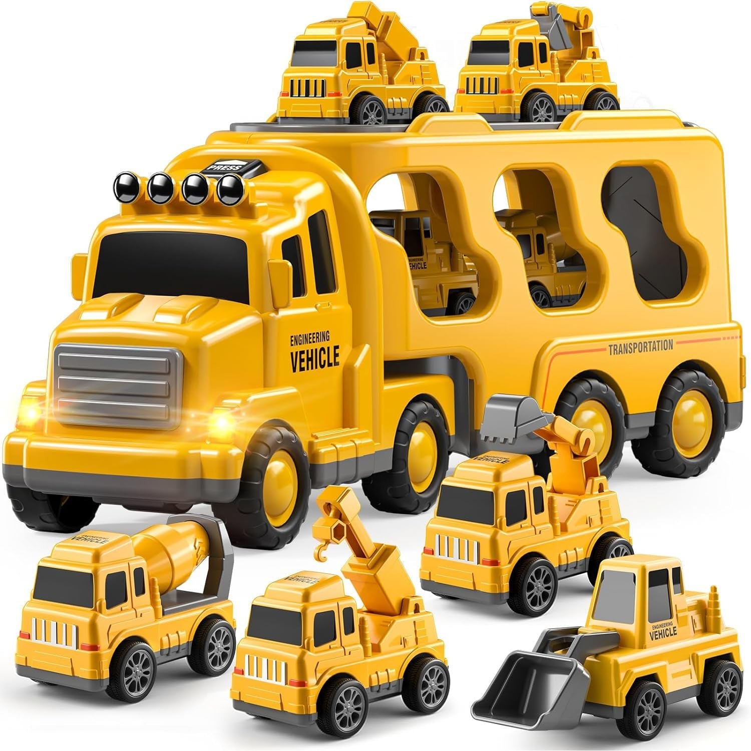 Fidtoy Coffret de 5 camions de construction 5 en 1 pour tout-petits avec lumières et sons, excavatrice, bulldozer, grue
