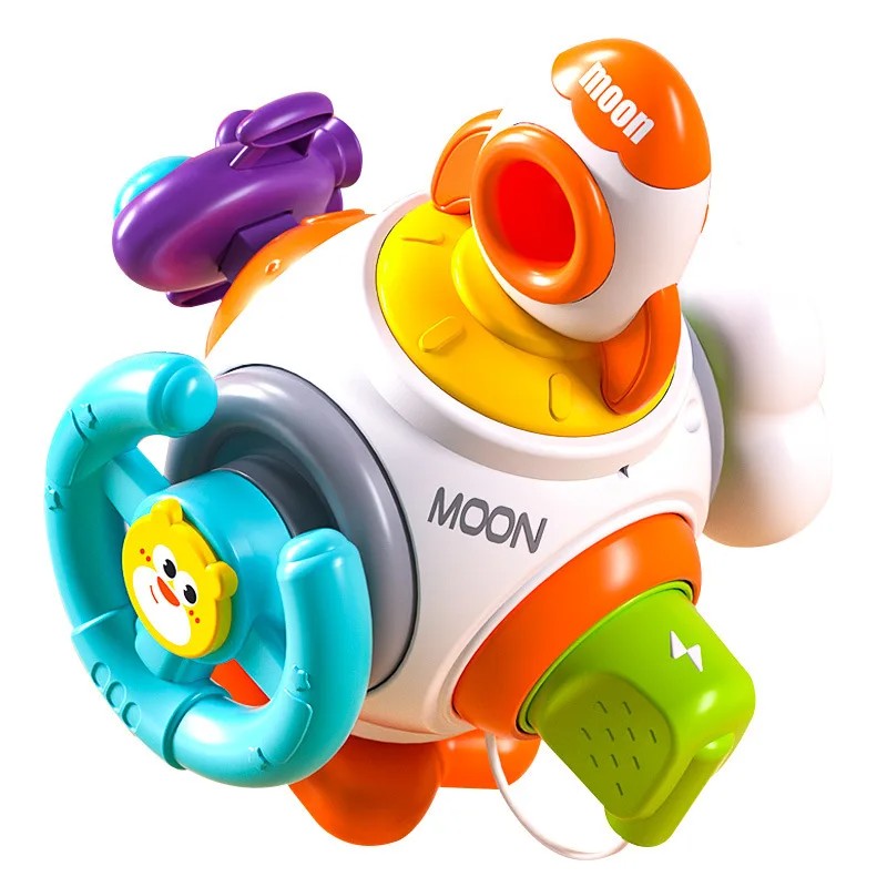 Fidtoy Rocket Montessori Busy Cube for Babies – 6-Sided Sensory Activity Cube with Spinner, Press Button, Pull Rocket, Steering Wheel, Simulated Plug, and Space Play