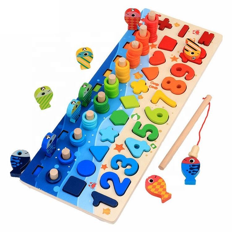 Fidtoy Tableau d'apprentissage des chiffres et des lettres Montessori en bois – Jouet de pêche magnétique et de tri des formes
