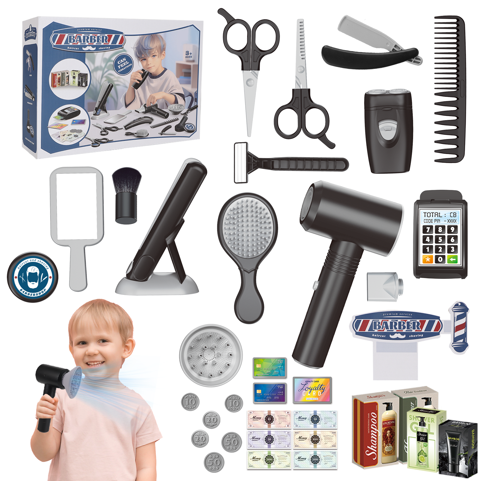 Set de peluquería de 37 piezas para niños, juego de rol de peluquero con secador de pelo, cortapelos eléctrico, maquinillas de afeitar y accesorios de juguete