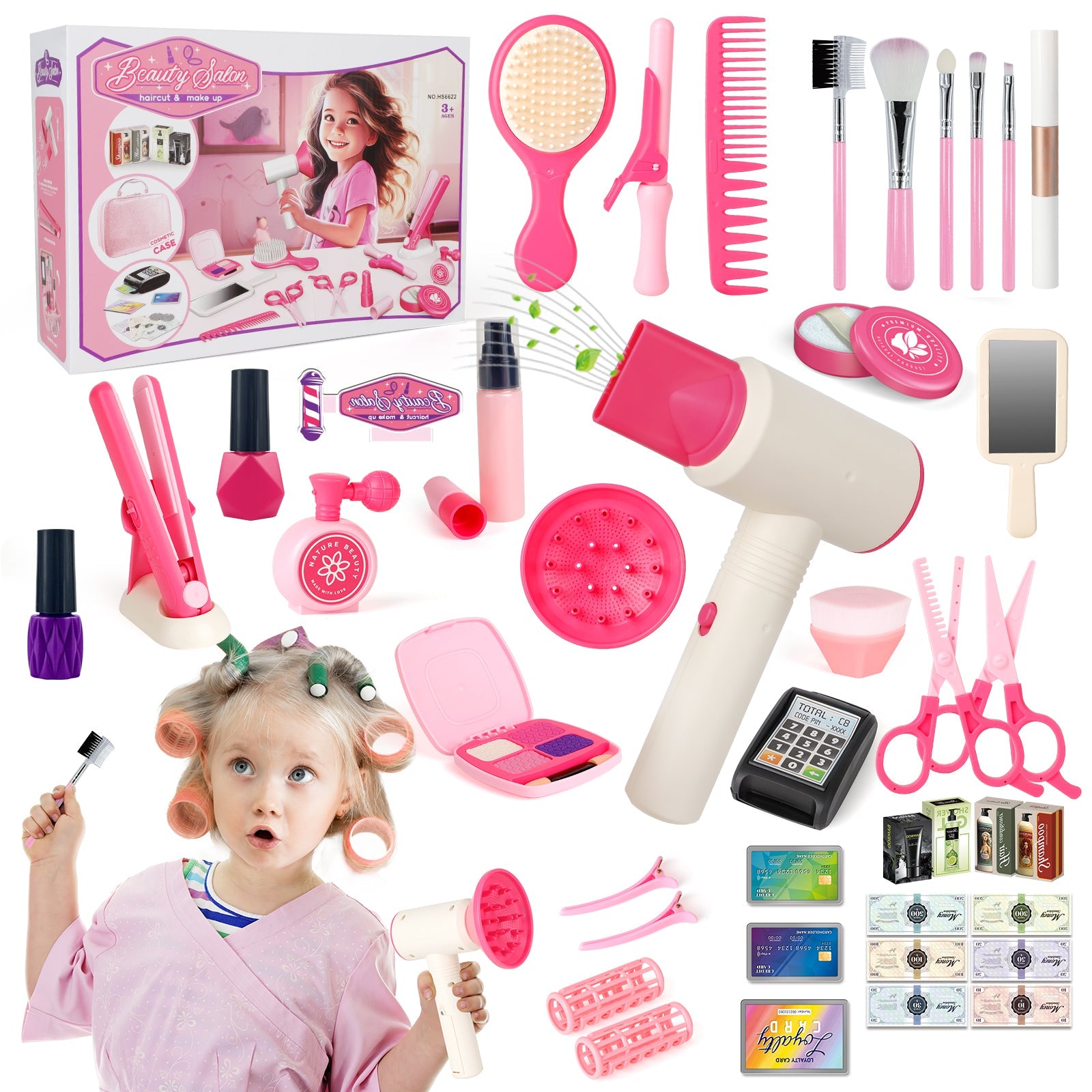 Juego de maquillaje para niños de 50 piezas, kit de belleza y moda para niñas, kit de juguete de peluquería de simulación, juego de accesorios de maquillaje para niños