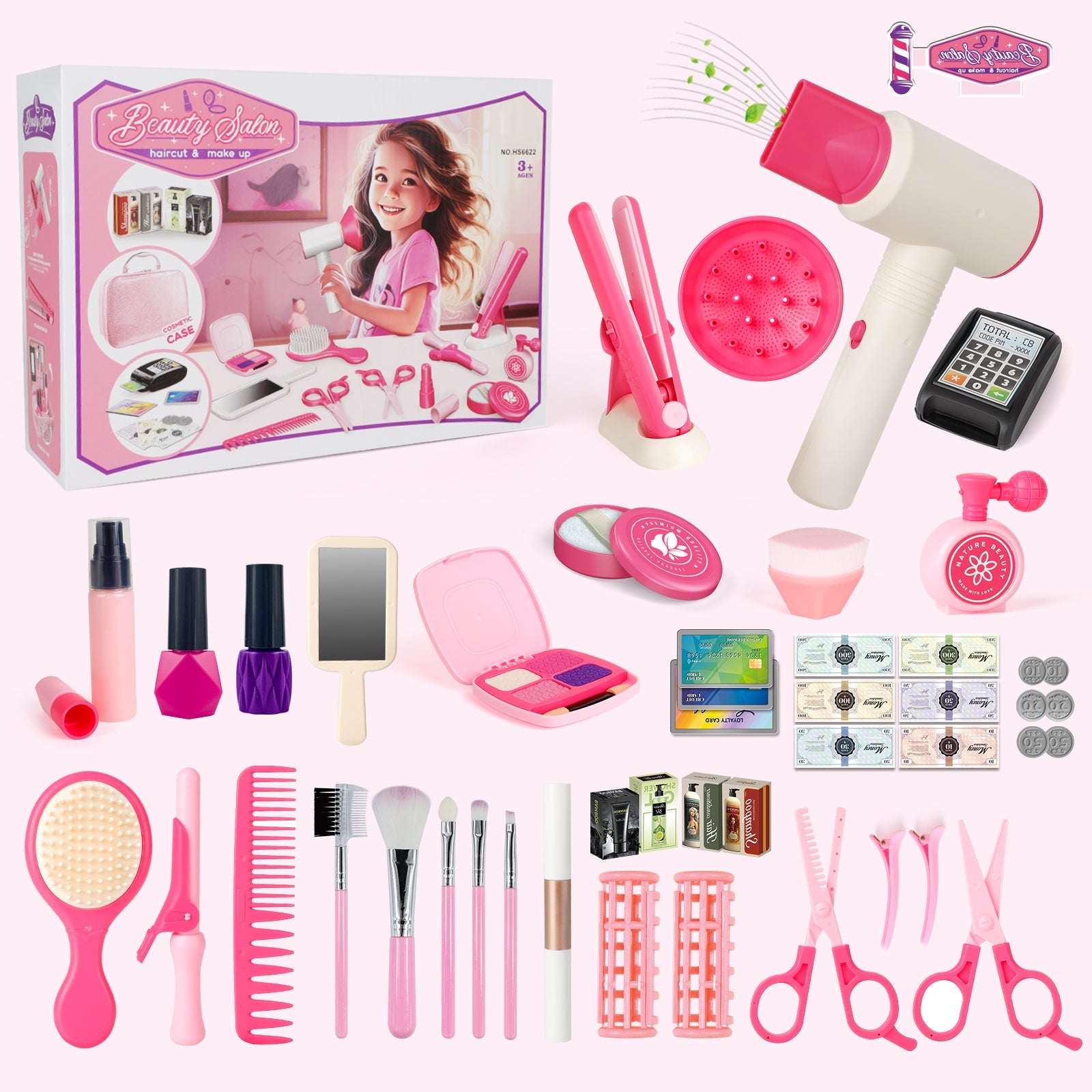 Juego de maquillaje para niños de 50 piezas, kit de belleza y moda para niñas, kit de juguete de peluquería de simulación, juego de accesorios de maquillaje para niños
