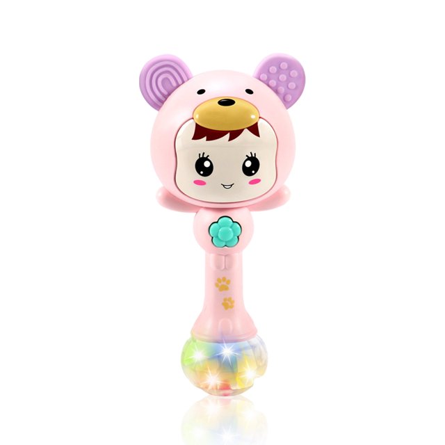 Fidtoy Light Up Musical Baby Rattle Teether Toy – Pink Sensory Rattle with Lights, Sounds, Teething Ears, and Early Development Play