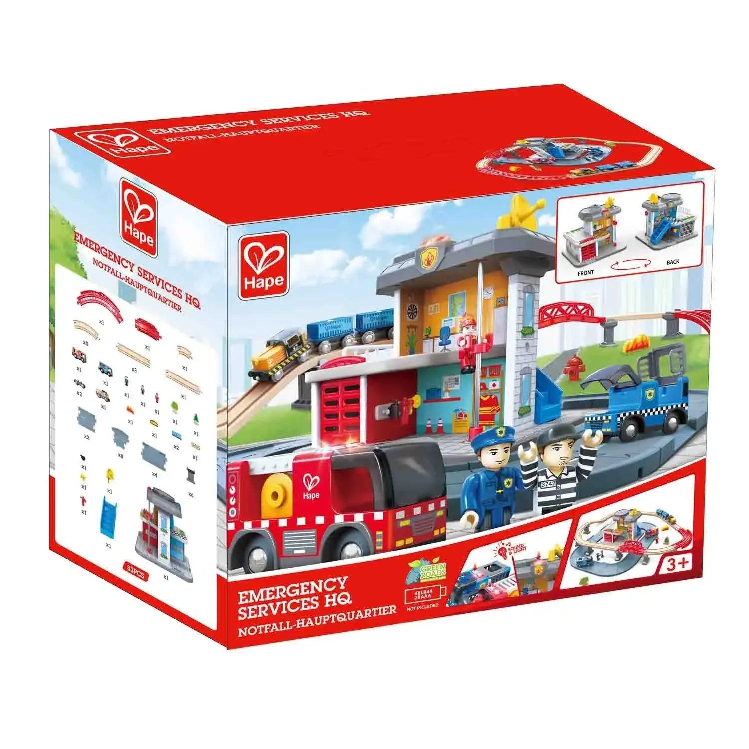 Tren de juguete de servicios de emergencia Fidtoy, juego de rescate de ferrocarril de madera para niños