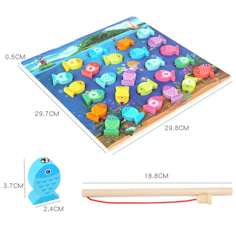 Juguetes educativos de madera Montessori: Juego de pesca con números y alfabeto para tablero