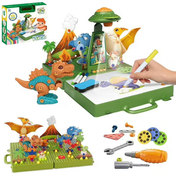 Fidtoy 5-in-1 Projector Painting with Dinosaur Assembling Screw Play Figure, Kids Dinosaur Drawing Projector Toy with 3D Puzzle, Screw Assembly, Colored Pens and Reusable Art Board Age 5+