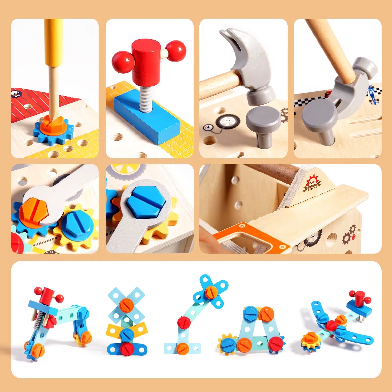 33-Piece Wooden Tool House – Montessori Construction & Fine Motor Skills Activity Set