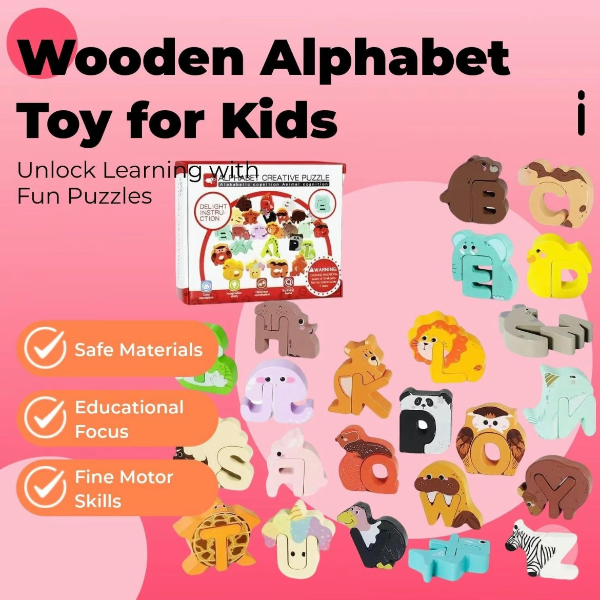 Puzzle alphabet animaux en bois – Jouet éducatif de A à Z pour enfants