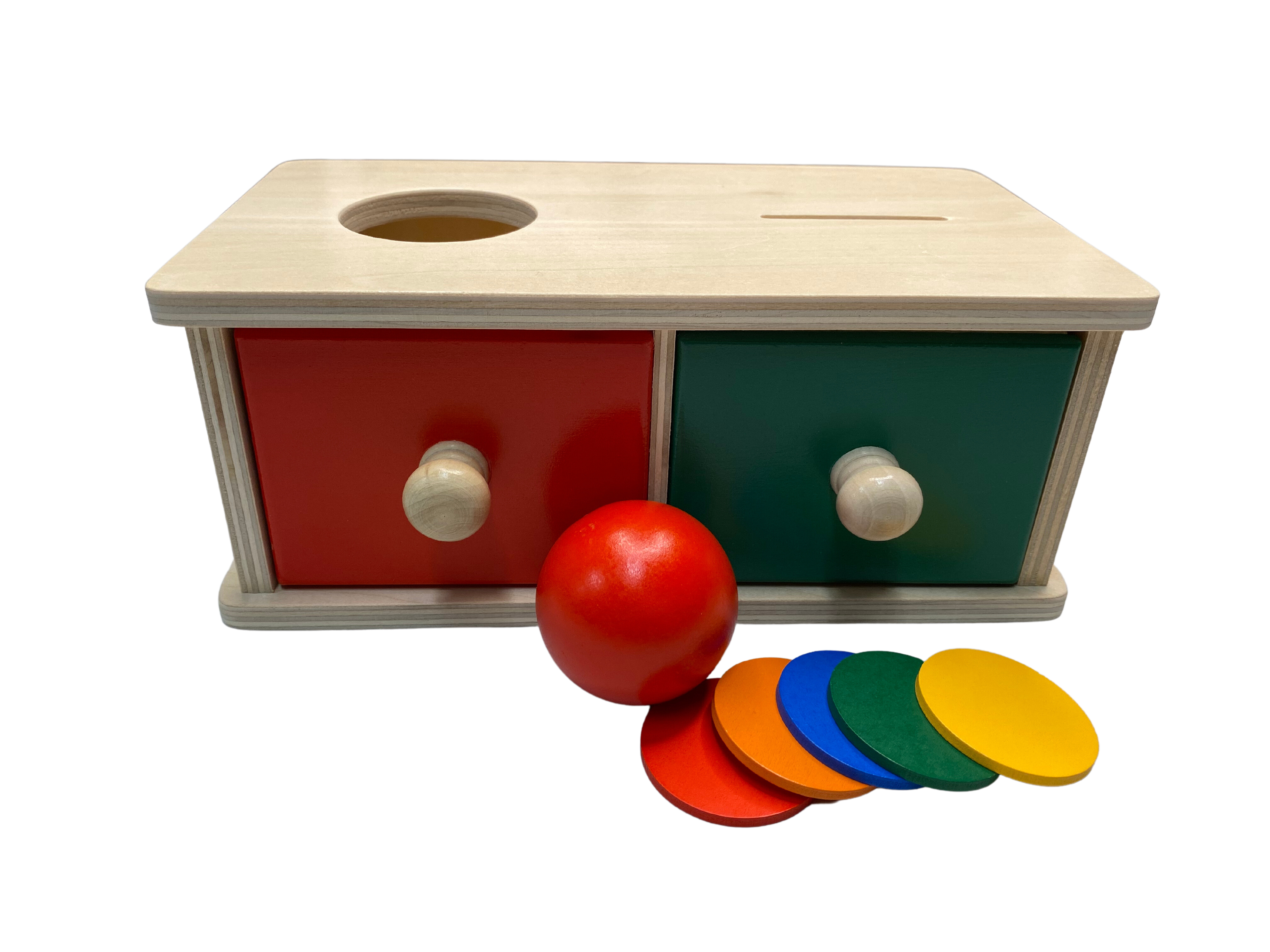 Caja Montessori de permanencia del objeto – Caja 2 en 1 con pelota y monedas