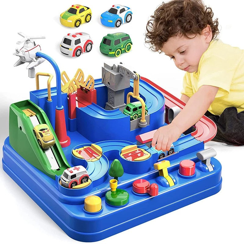 Fidtoy Circuit de Voiture d'Aventure 2-en-1 pour Enfants – Circuit de Secours Urbain Multi-Niveaux avec 3 Mini-Voitures, 6 Boutons de Contrôle, 8 Défis et Jeu de Course Manuel