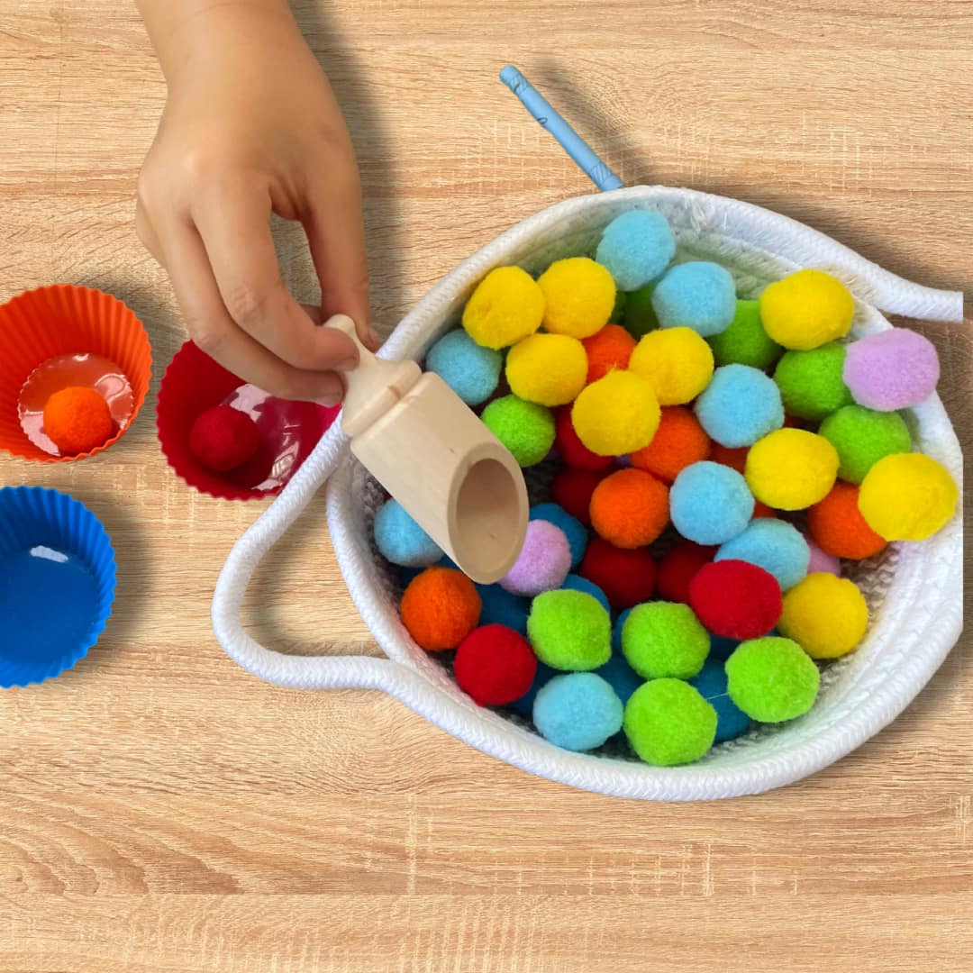 Montessori Kids Pom Poms Transfer Activity Colour Ball in a Basket Sorting Activity