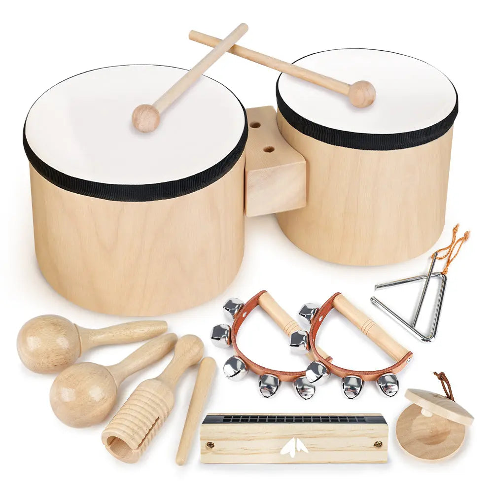 Fidtoy 7-Piece Musical Toys for Toddlers Wooden Instrument Set Drum Bells Maracas Learning Toys