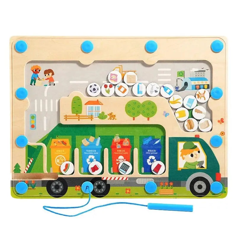 Fidtoy Camion de Ramassage Magnétique – Jouet Labyrinthe Montessori pour le Développement de la Motricité Fine et le Recyclage chez les Tout-Petits