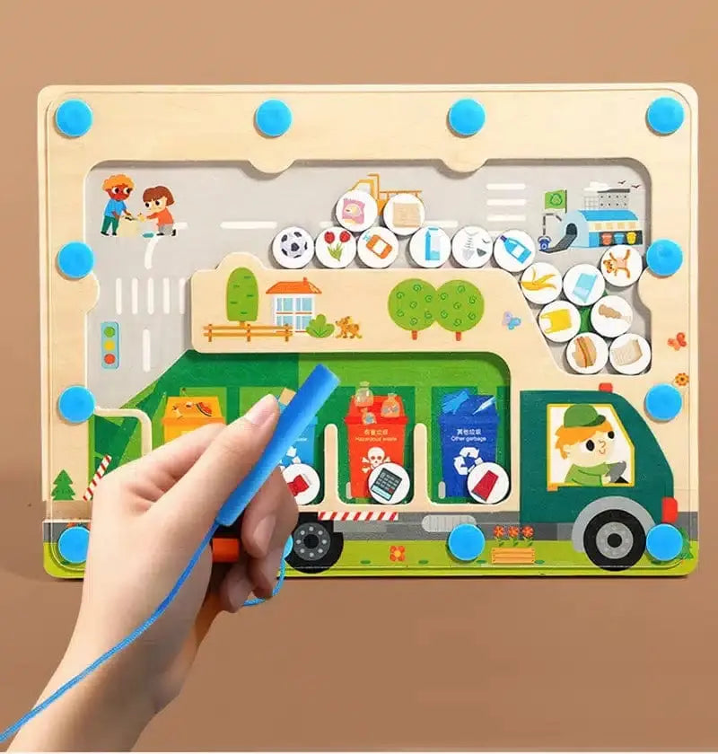 Fidtoy Camion de Ramassage Magnétique – Jouet Labyrinthe Montessori pour le Développement de la Motricité Fine et le Recyclage chez les Tout-Petits