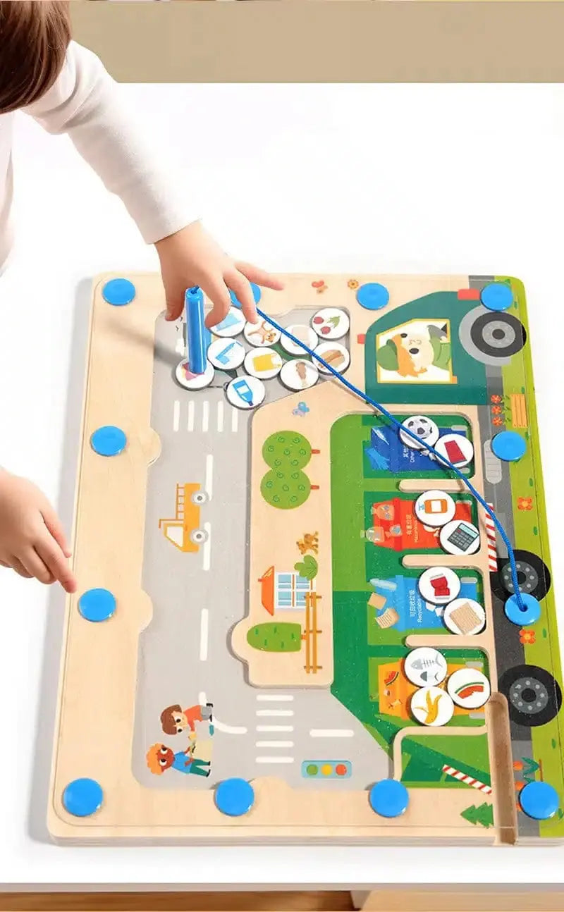 Fidtoy Camion de Ramassage Magnétique – Jouet Labyrinthe Montessori pour le Développement de la Motricité Fine et le Recyclage chez les Tout-Petits
