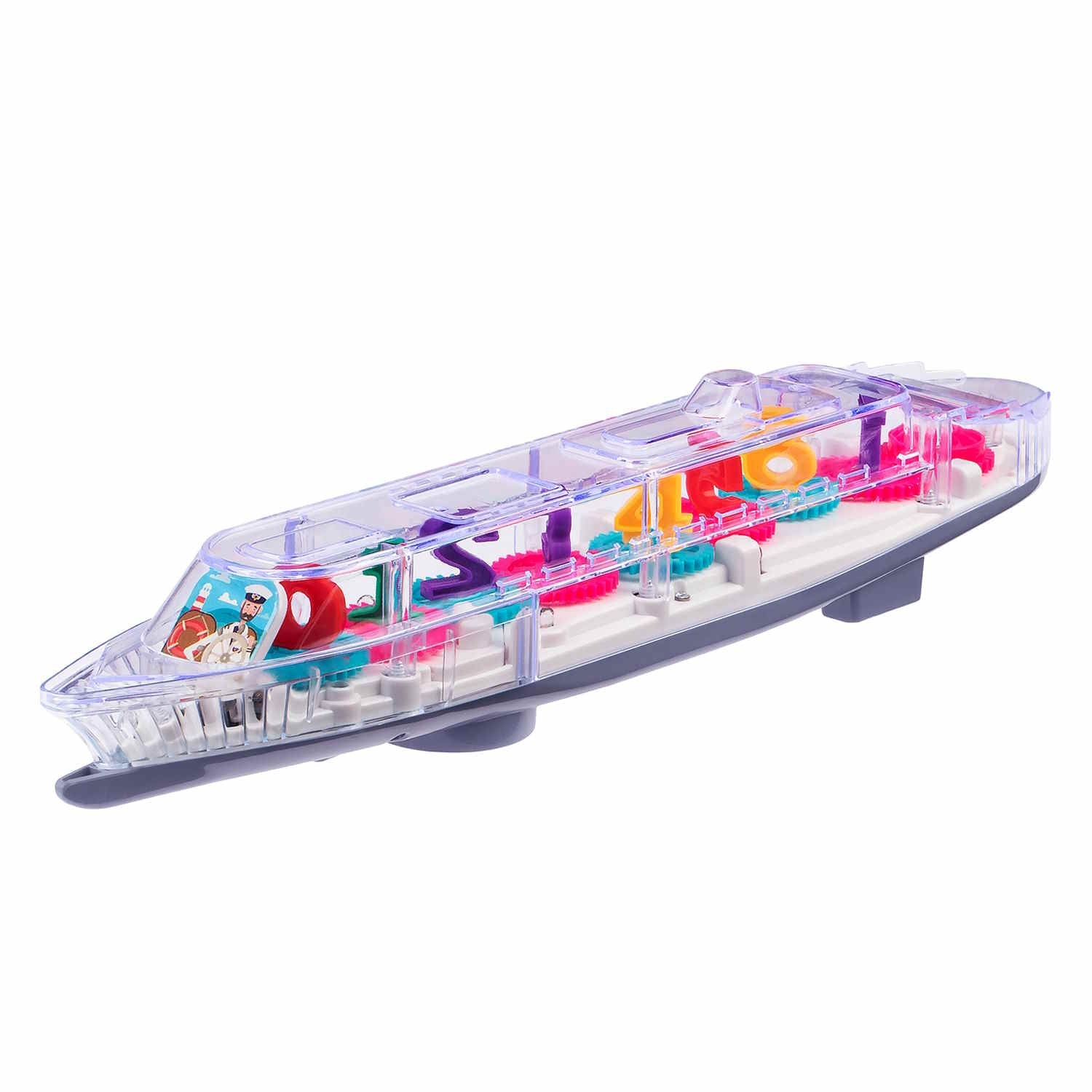 Fidtoy Number Gear Steamship Toy for Babies 6M+ Plastic Light Sound Gear Boat with Removable Number Gears and Bump-and-Go Play