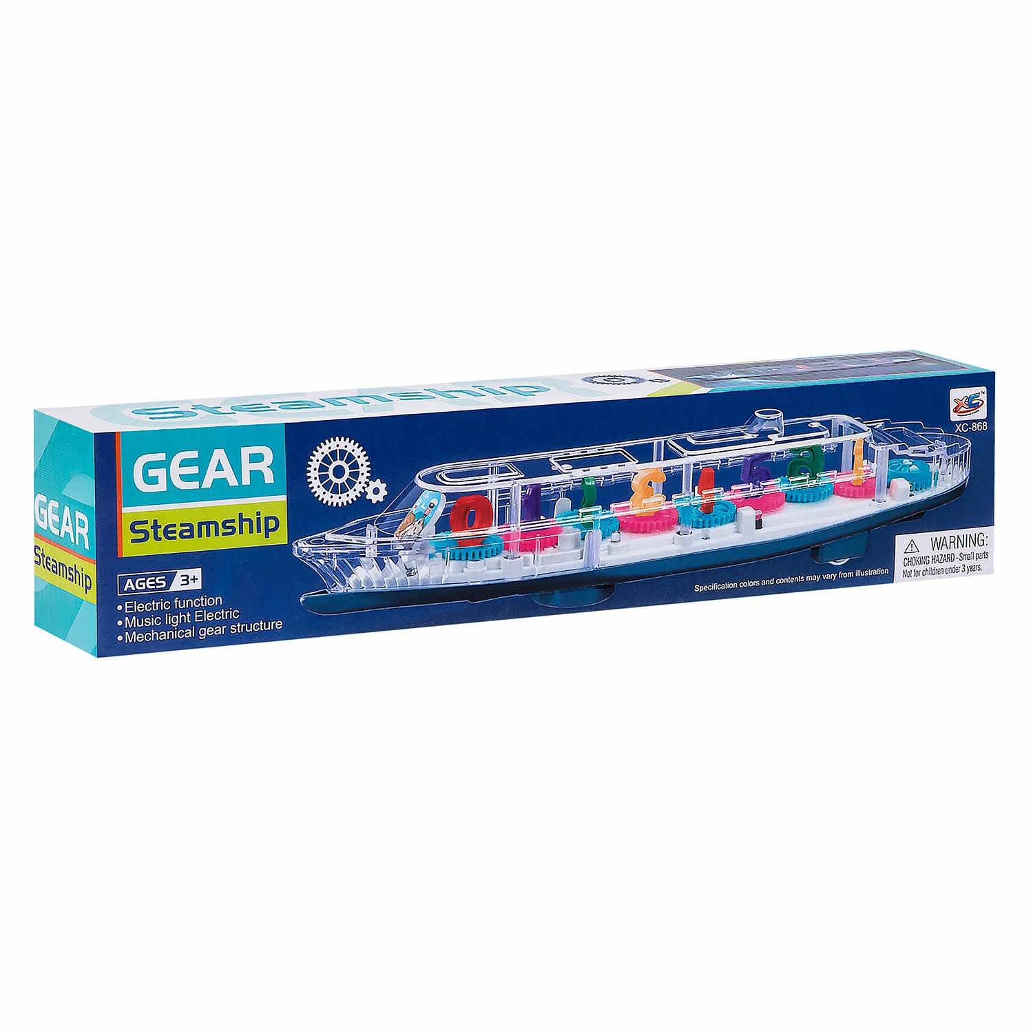 Fidtoy Number Gear Steamship Toy for Babies 6M+ Plastic Light Sound Gear Boat with Removable Number Gears and Bump-and-Go Play