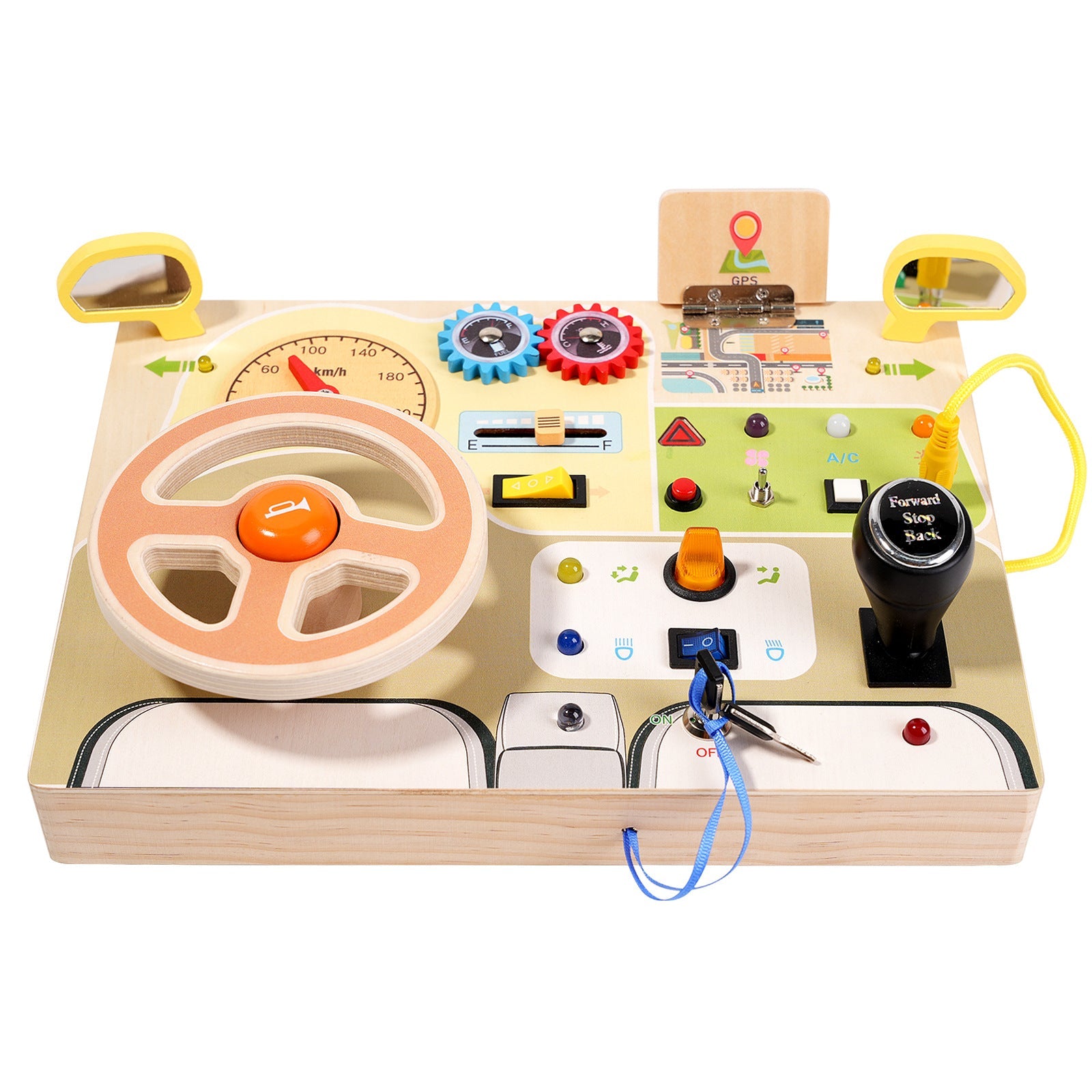 Tablero de actividades de lujo para niños, tema de conducción con luces LED, botones y diales