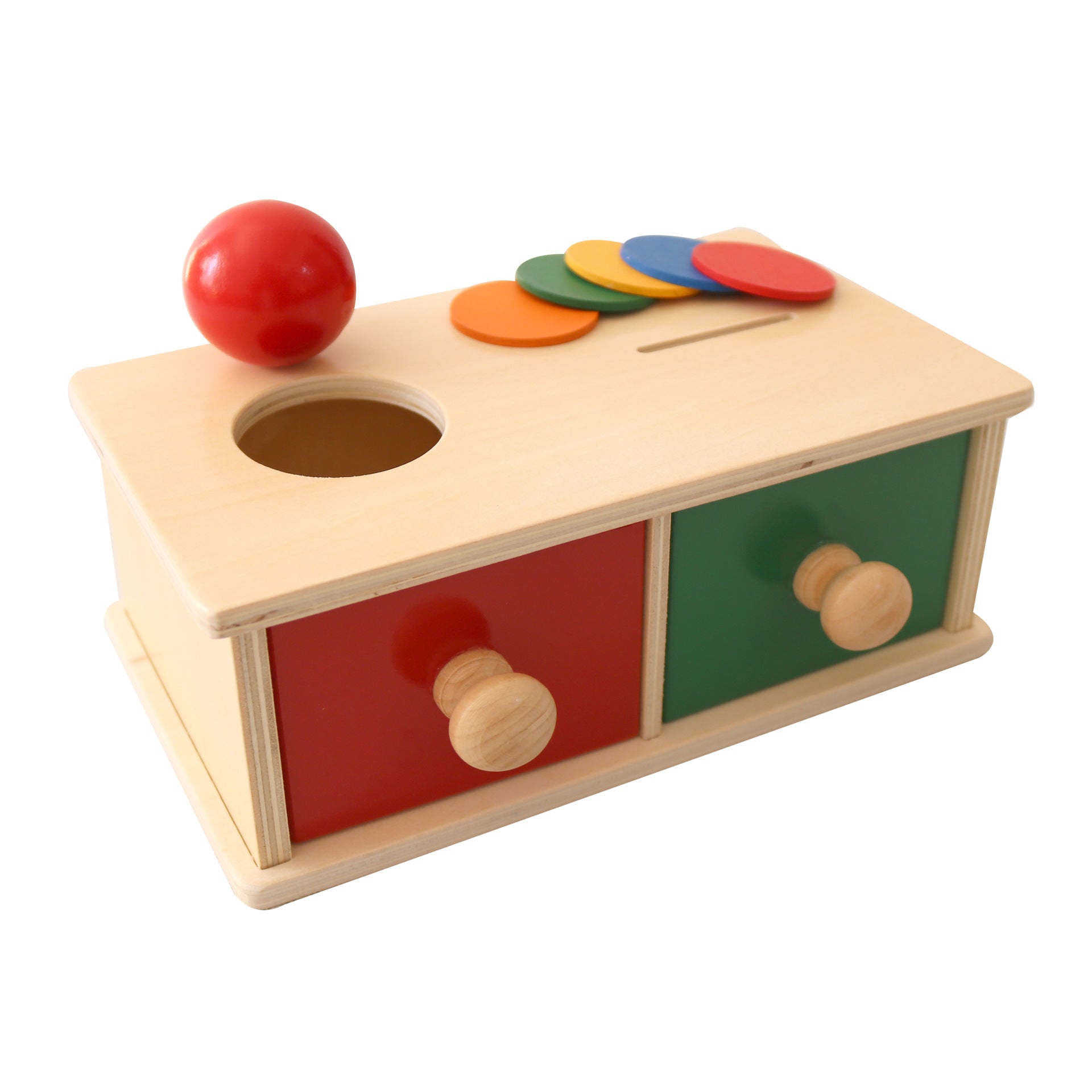 Caja Montessori de permanencia del objeto – Caja 2 en 1 con pelota y monedas