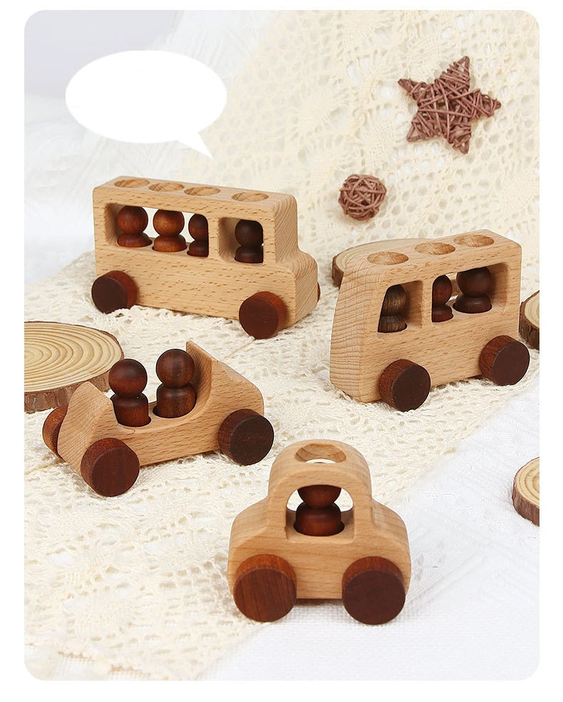Coches de juguete de madera y muñecos de clavija, juego natural de 4