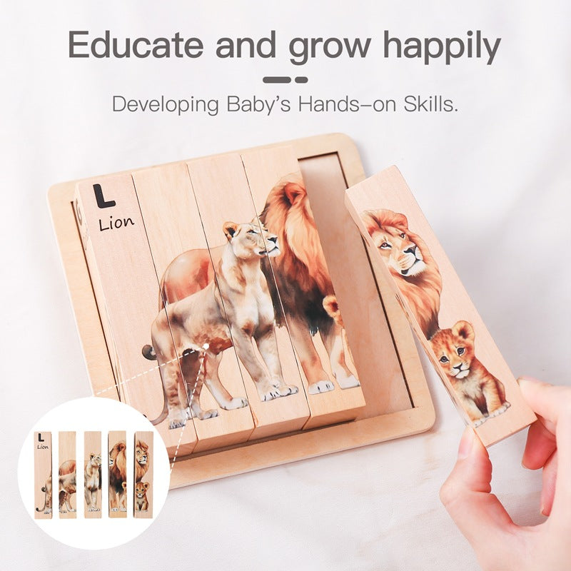 Wooden Jungle Puzzle Blocks 4 Rotatable sides With Tray