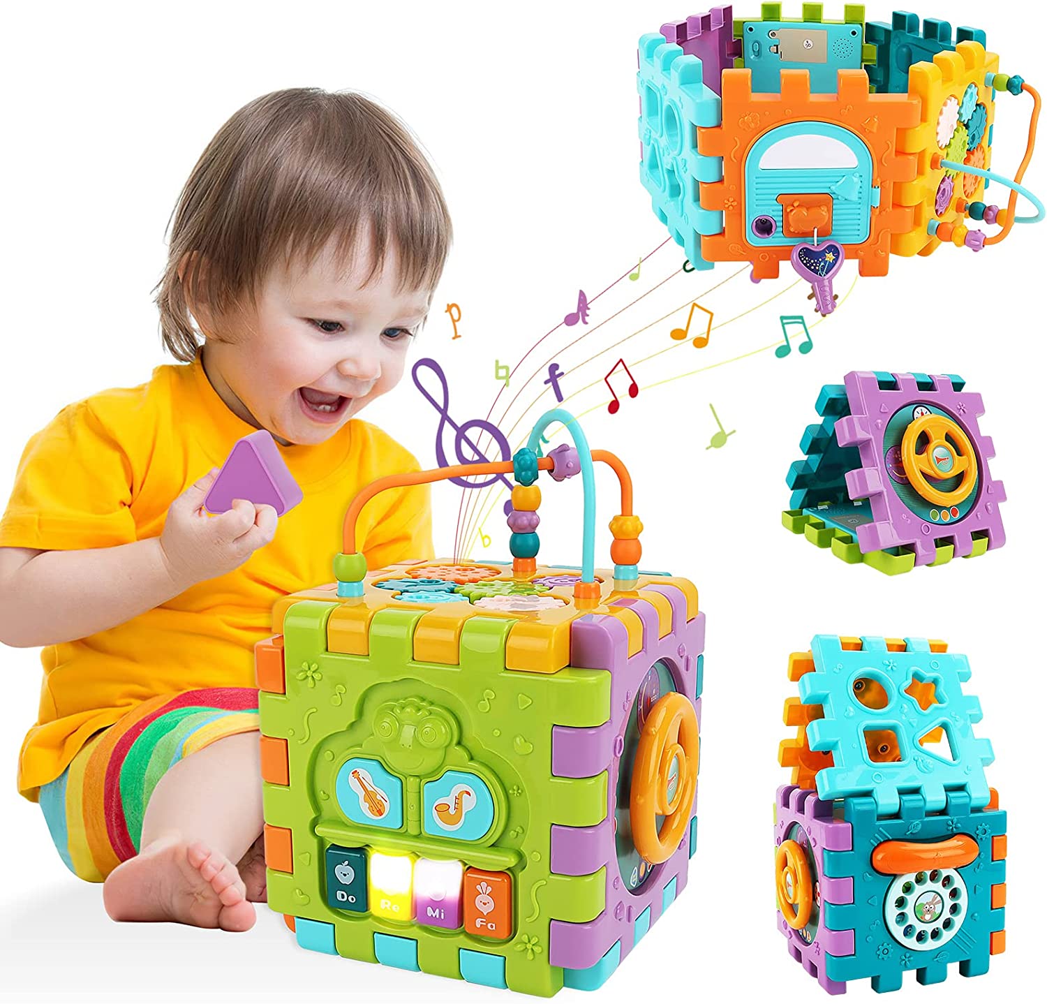 Cubos de actividades para bebés, cubo de actividades musicales 6 en 1, juguete educativo con luces de música y piano, juguetes para bebés de 6 a 12 meses en adelante, juguetes para niños