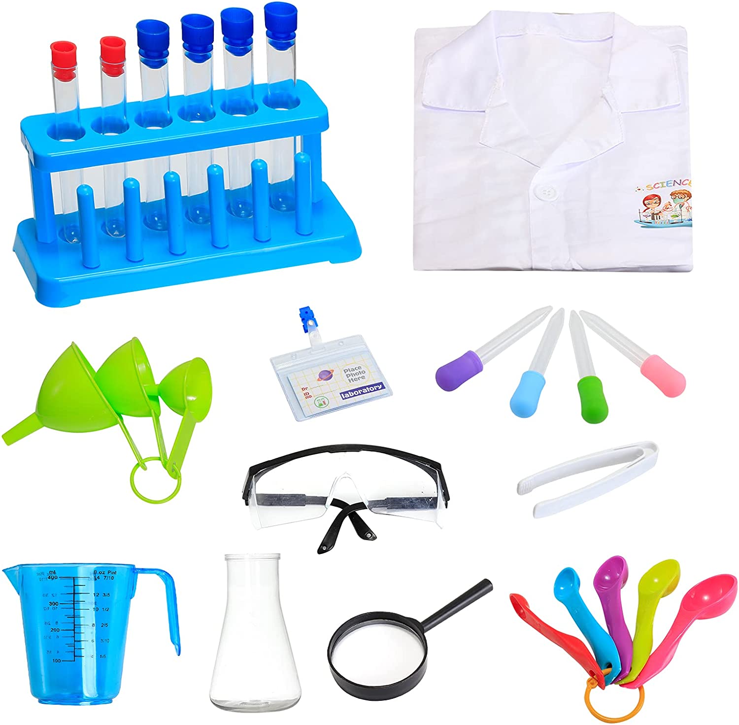 Kit de science de laboratoire de jeu de rôle pour enfants avec lunettes, blouse de laboratoire et variété d'équipement scientifique de jeu pour enfants