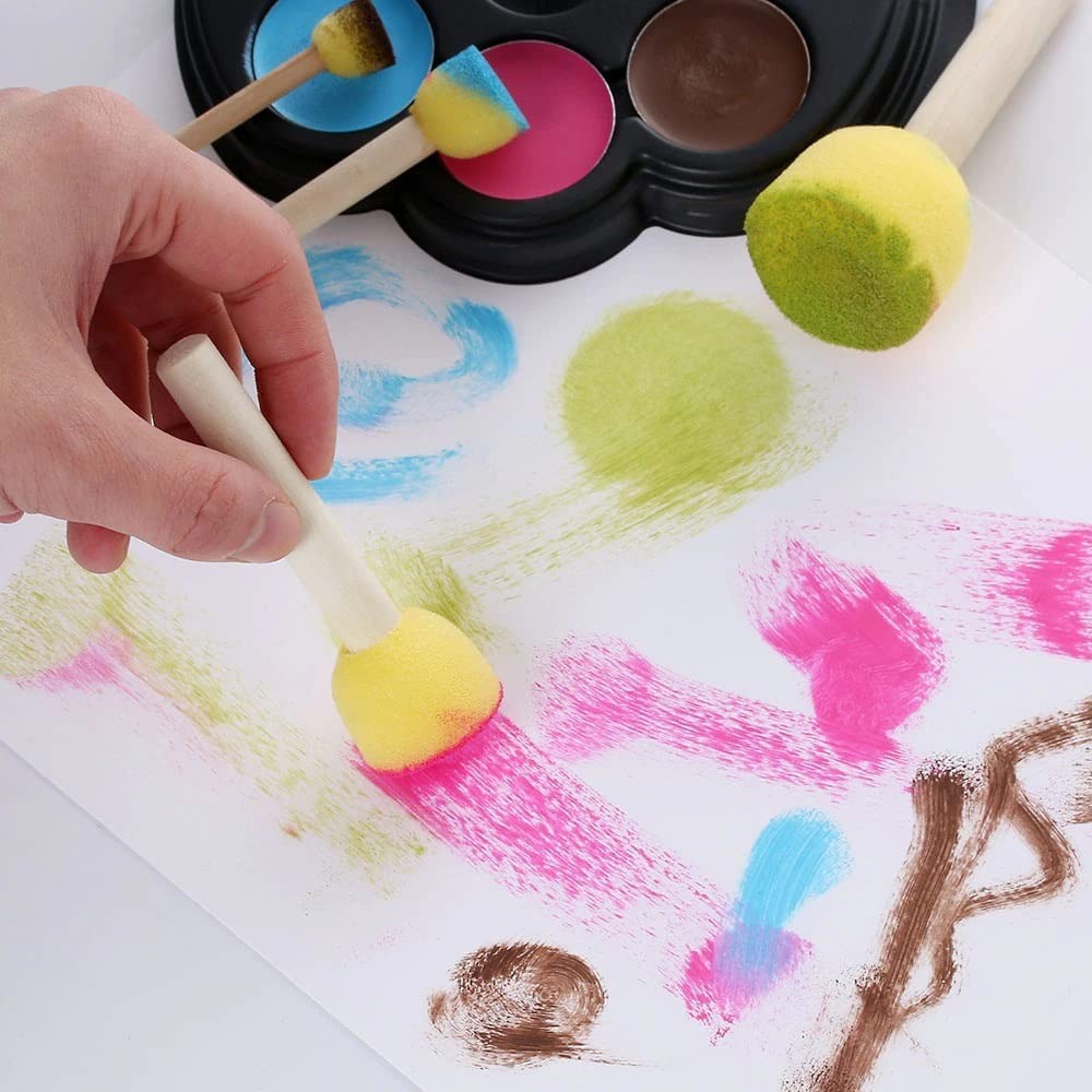 Fidtoy 16-Piece Round Sponge Brush Set for Kids Ages 3+, Wooden Handle Sponge Painting Stampers with 4 Sizes, Yellow Art Brushes for School, Home Painting, Art Studio and Outdoor Doodle Activities